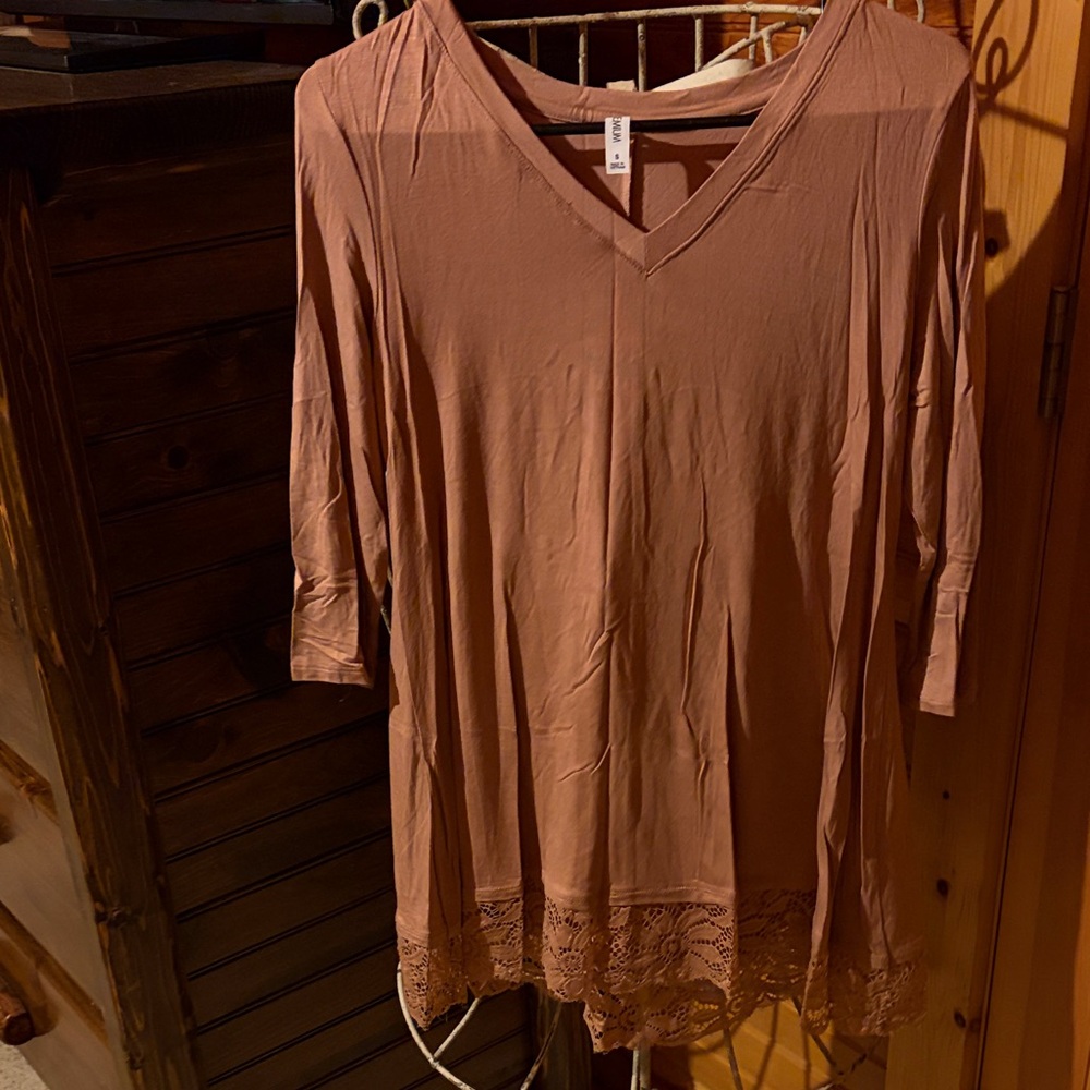 Zenana Outfitters V-Neck Tunic with Lace Hem - Tan